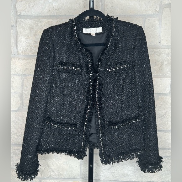 Boston Proper Parisian Wool Blend Jacket Black and Silver Size 12 Chain Trim - Picture 3 of 9